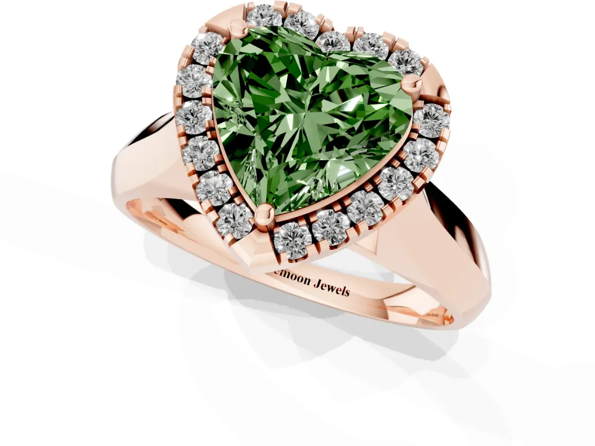 Fancy Green Heart Cut Cut Halo Solitaire Engagement Ring with Square Band and Four-Prong Setting Rose gold