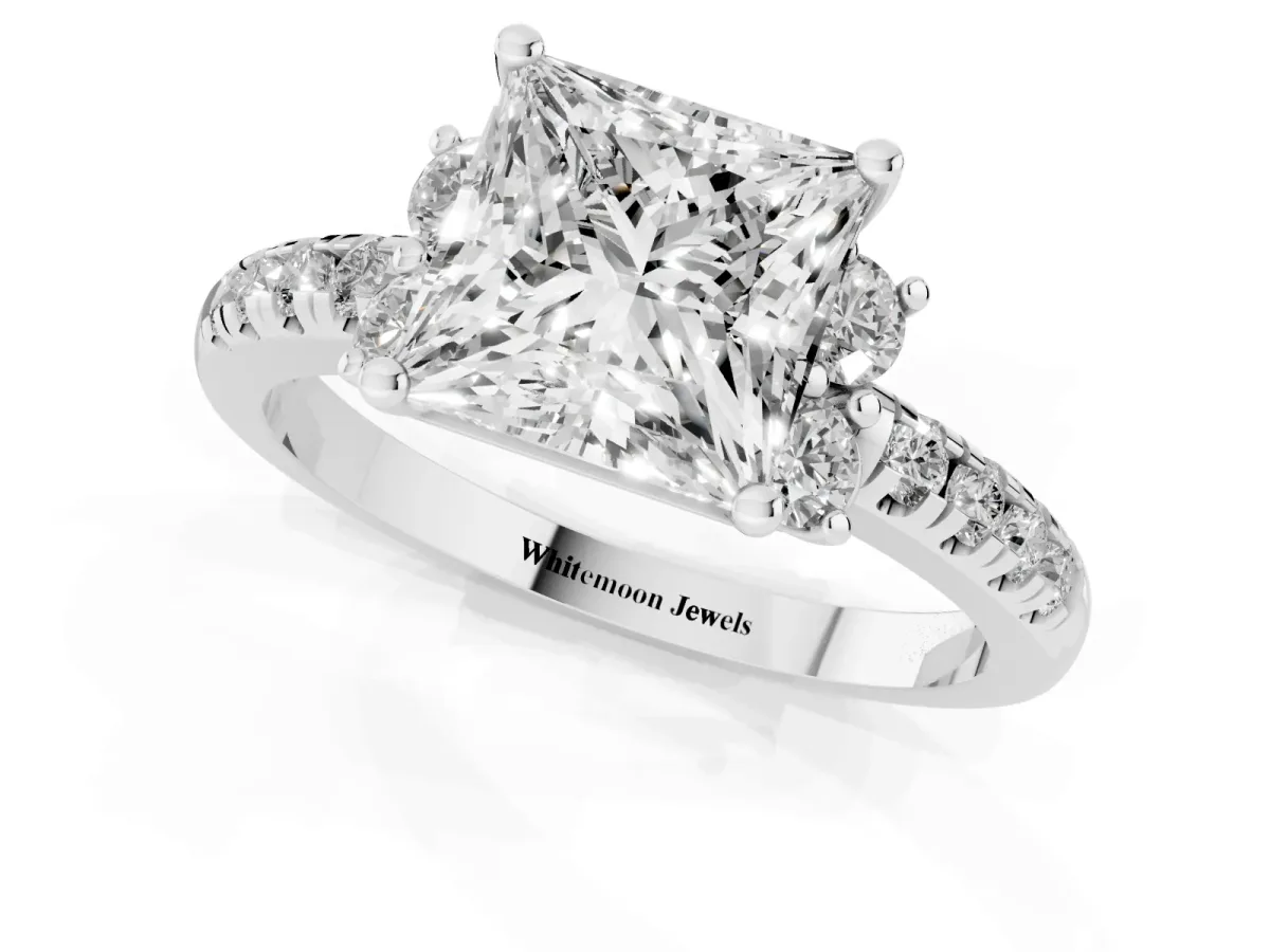 Princess Cut Diamond Three-Stone Pave Band with Four-Prong Setting Silver