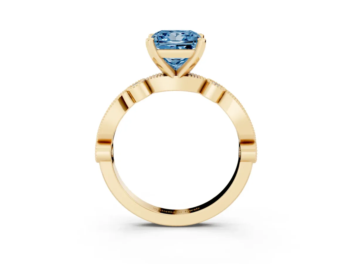 Fancy Blue Princess Cut Milgrain Bezel Diamond Engagement Ring with Solitaire Prong Setting Yellow gold
