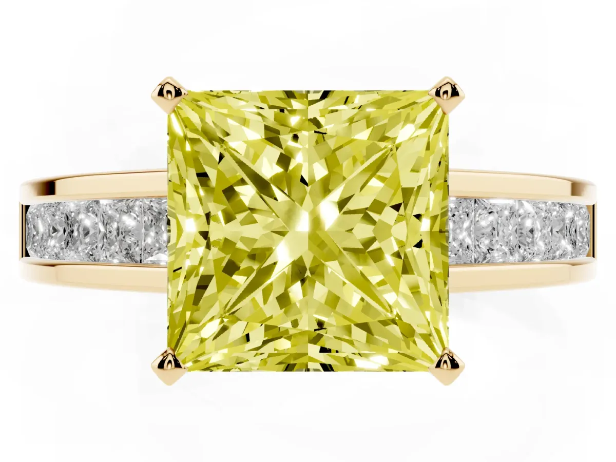 Fancy Yellow Princess Cut Solitaire Diamond Ring with Channel-Set Band and Four-Prong Setting Yellow gold