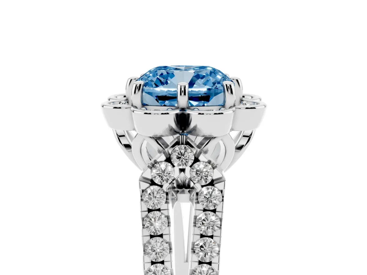 Fancy Blue Cushion Cut Halo Diamond Floral Split Shank Engagement Ring Silver
