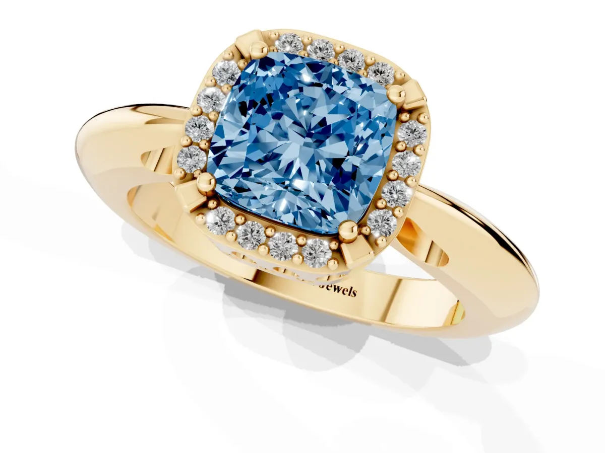 Fancy Blue Cushion Cut Cut Diamond Halo Engagement Ring with Split Shank and Four-Prong Setting Yellow gold