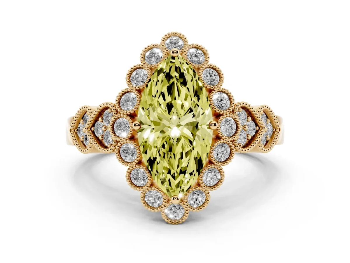 Fancy Yellow Marquise Cut Brilliant Milgrain Pave Heart Band Solitaire Ring Yellow gold