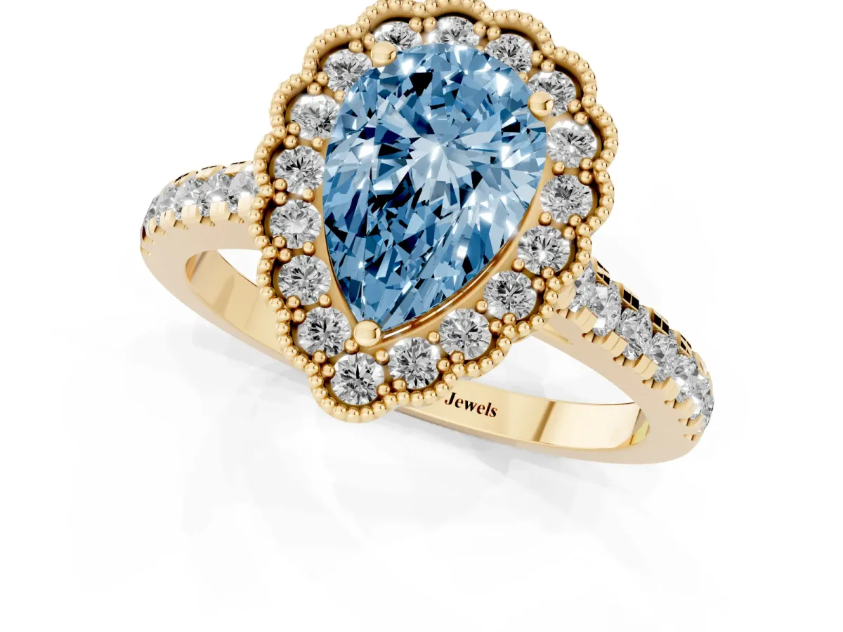 Fancy Blue Pear Cut Cut Diamond Milgrain Floral Halo Engagement Ring with Pavé Band Yellow gold