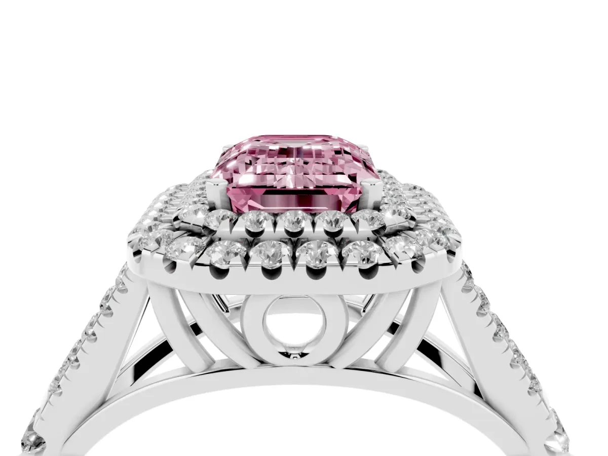 Fancy Pink Emerald Cut Diamond Pavé Split Shank Double Halo Engagement Ring Platinum