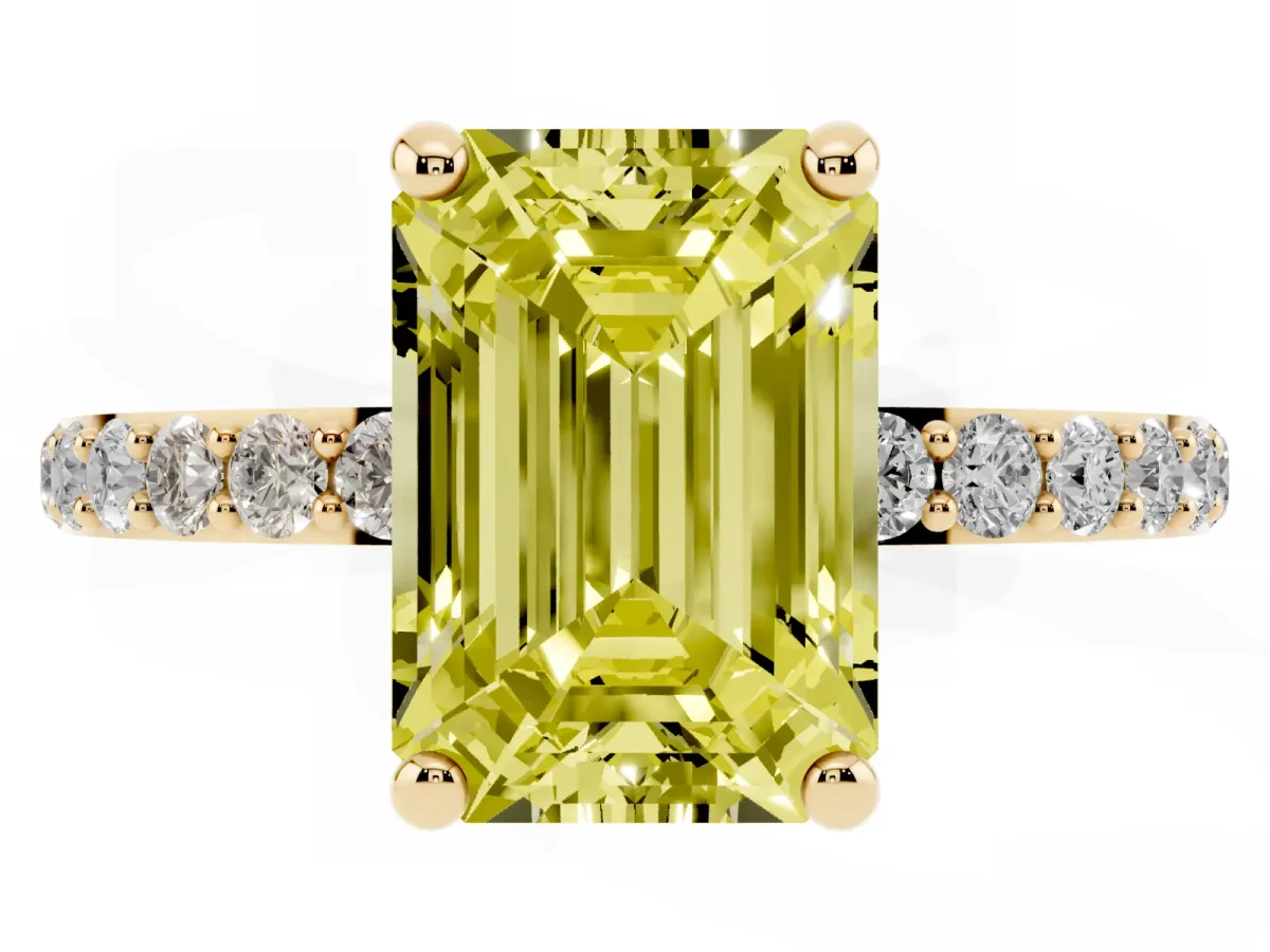Fancy Yellow Emerald Cut Diamond Solitaire Ring with Round Pavé Band and Prong Setting Yellow gold