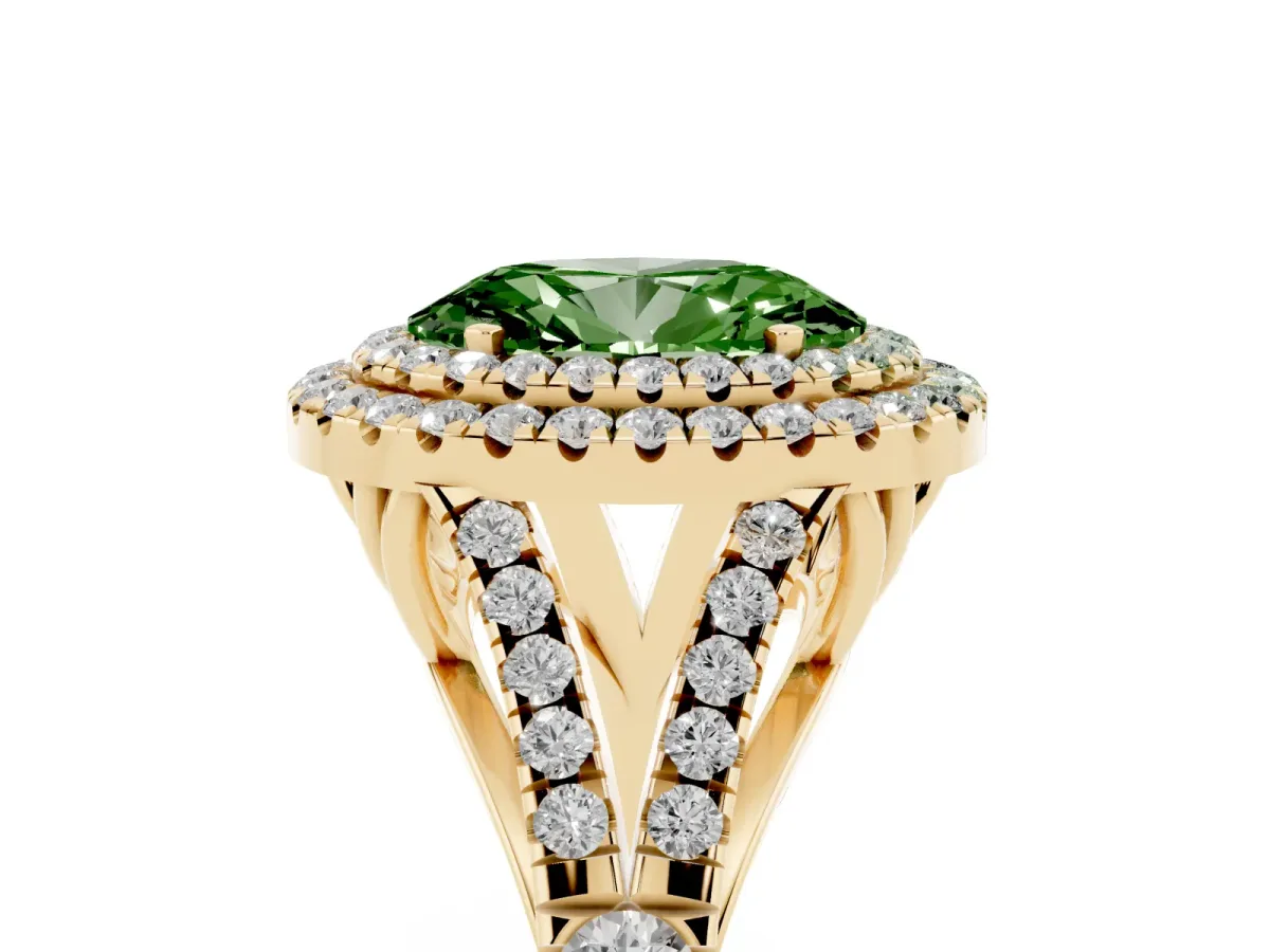Fancy Green Oval Cut Cut Double Halo Split Shank Diamond Ring with Prong Setting Yellow gold