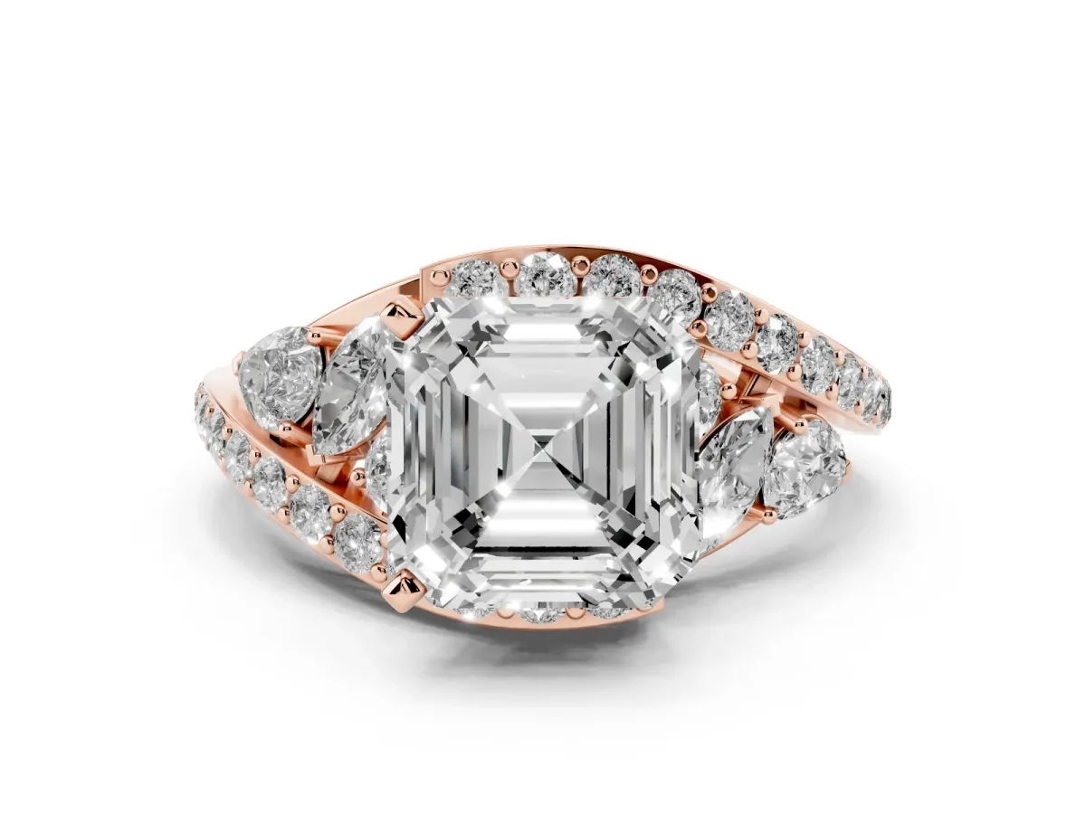 Asscher Cut Diamond Halo Ring with Marquise and Pavé Band in Prong Setting Rose gold