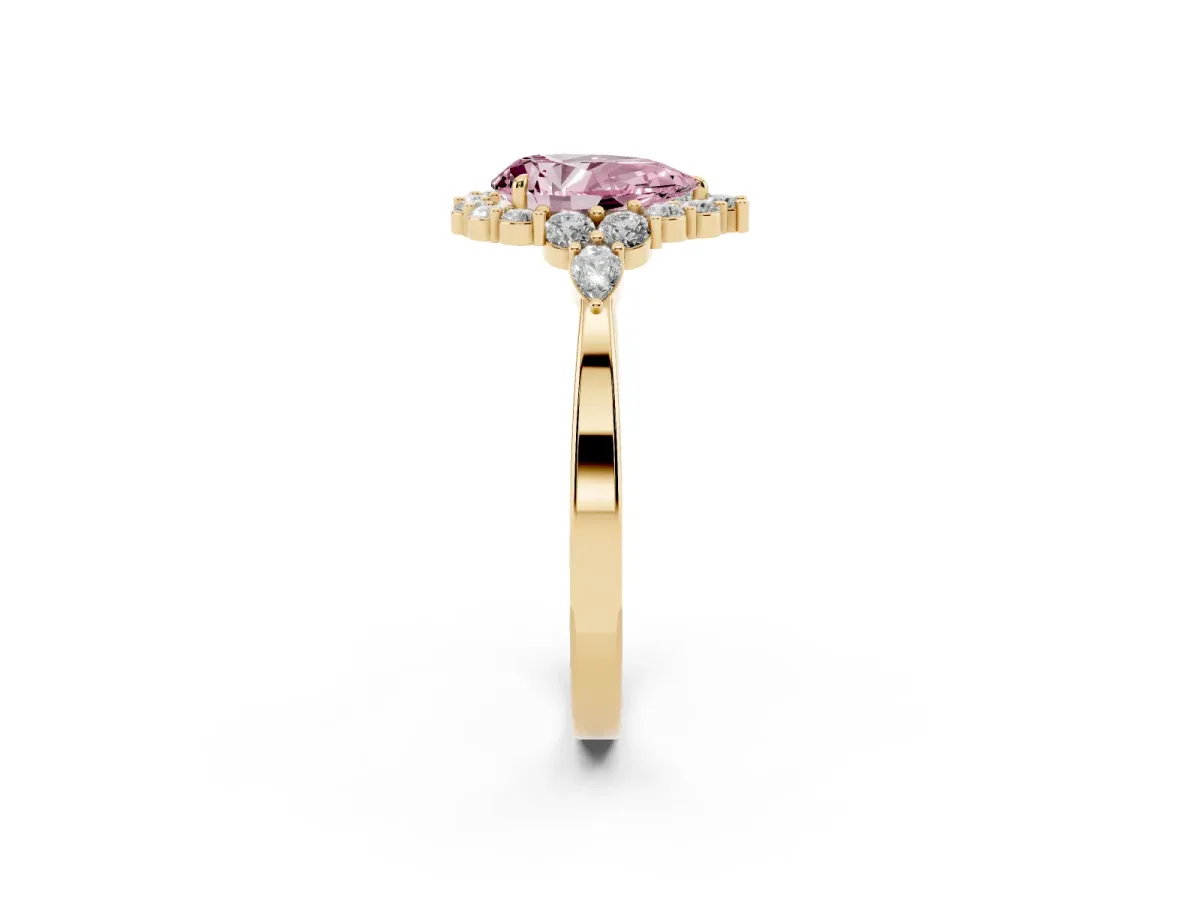 Fancy Pink Pear Cut Diamond Halo Ring with Pear Side Stones and Prong Setting Yellow gold
