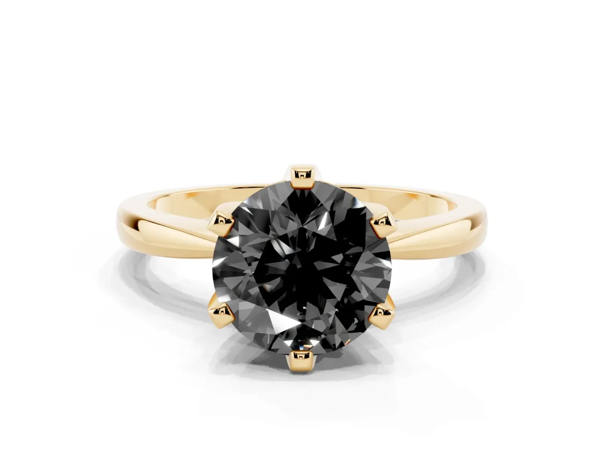 Fancy Black Round Cut Solitaire Engagement Ring with Six-Prong Setting and Tapered Band Yellow gold