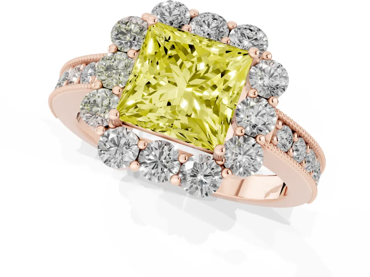 Fancy Yellow Princess Cut Cut Halo Diamond Pavé Engagement Ring with Milgrain Detailing Rose gold
