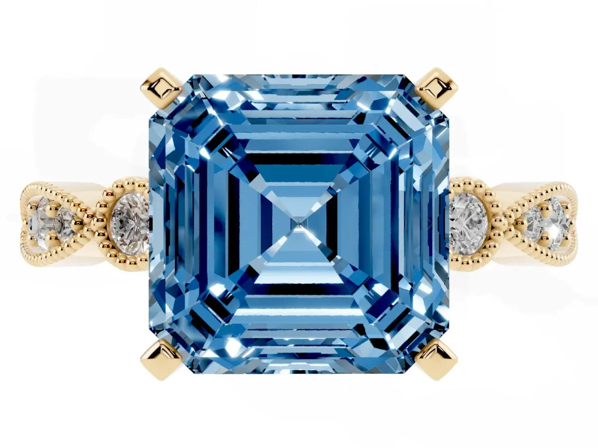 Fancy Blue Asscher Cut Milgrain Bezel Diamond Engagement Ring with Solitaire Prong Setting Yellow gold