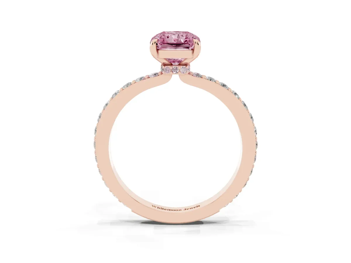 Fancy Pink Radiant Cut Diamond Pavé Engagement Ring with Round Accents and Prong Setting Rose gold
