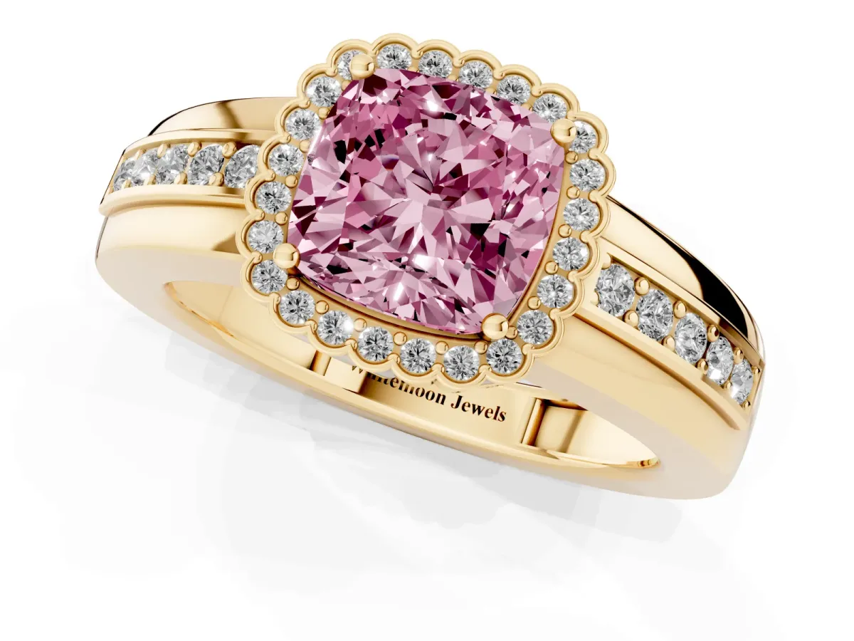 Fancy Pink Cushion Cut Cut Halo Pave Band Four-Prong Ring Yellow gold