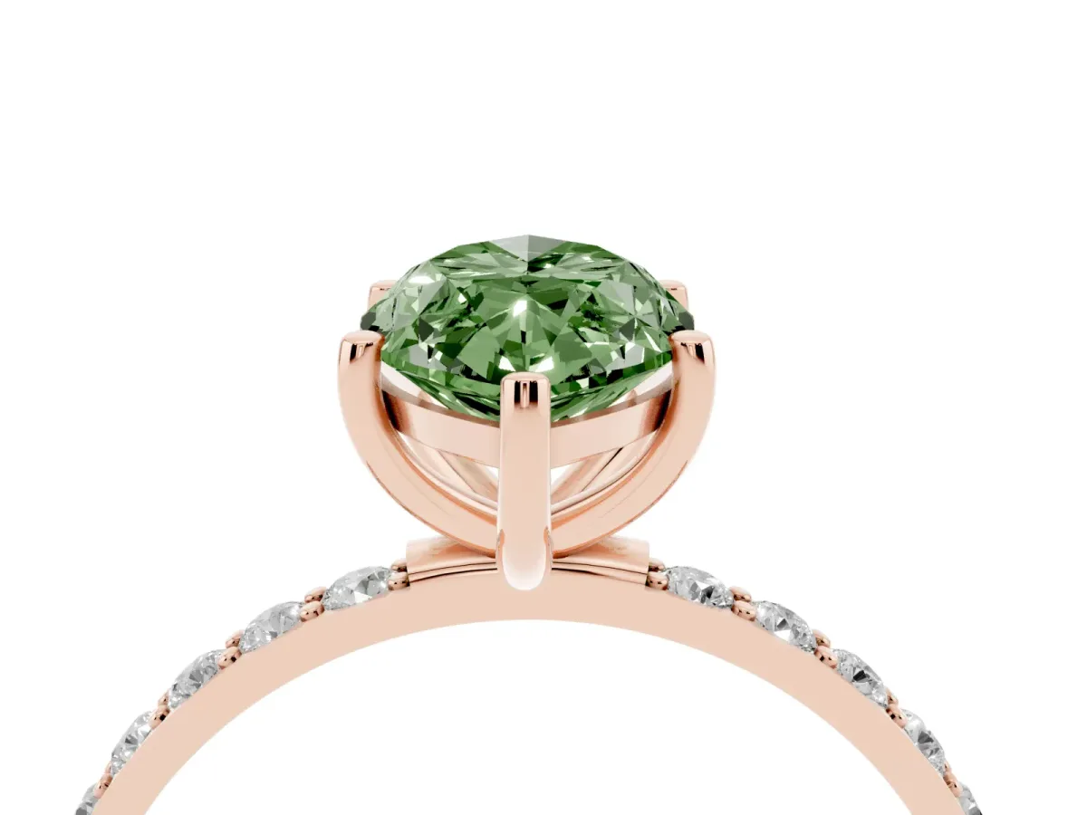 Fancy Green Marquise Cut Diamond Solitaire Ring with Round Pavé Shoulders and Prong Setting Rose gold