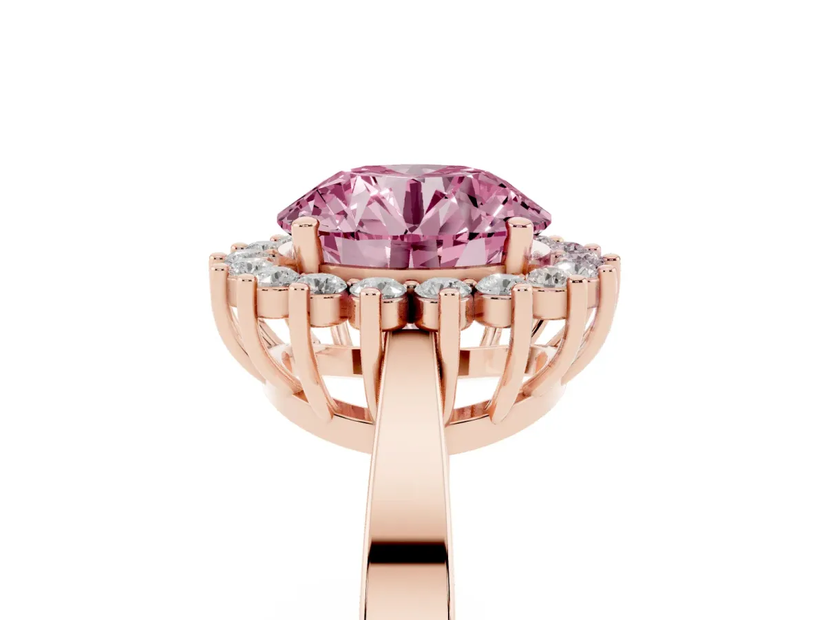 Fancy Pink Round Cut Cut Diamond Halo Ring with Round Brilliant Halo and Solitaire Band Rose gold