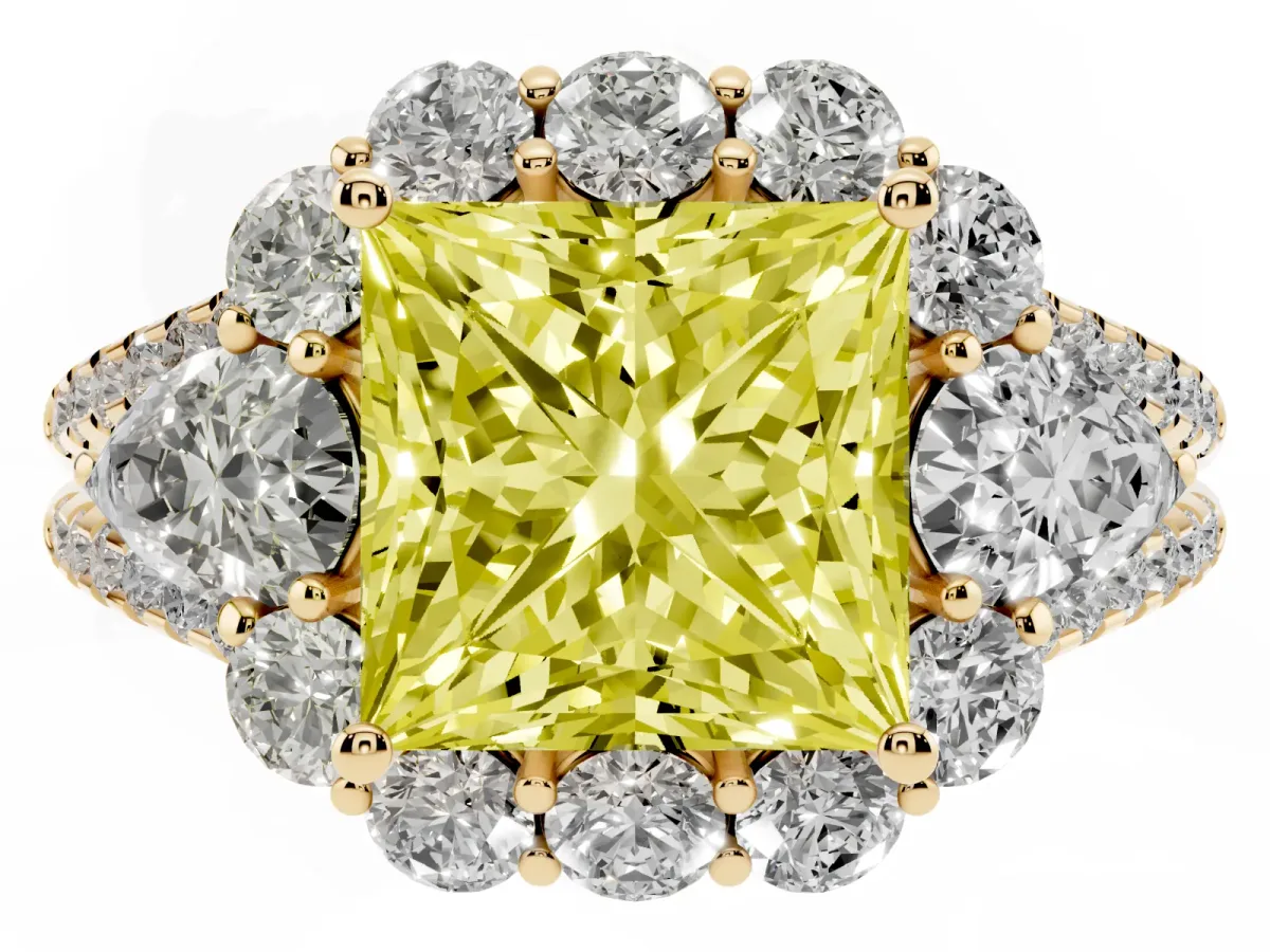 Fancy Yellow Princess Cut Halo Split Shank Diamond Engagement Ring with Prong Setting Yellow gold