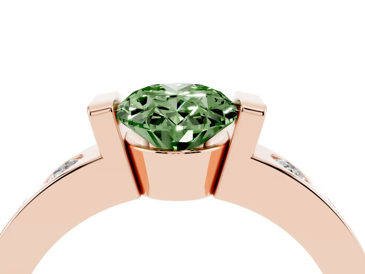 Fancy Green Oval Cut Brilliant Channel-Set Diamond Ring with Bezel Prong Setting Rose gold