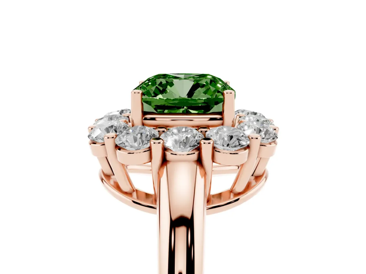 Fancy Green Cushion Cut Halo Cluster Diamond Engagement Ring with Prong Setting and Polished Band Rose gold