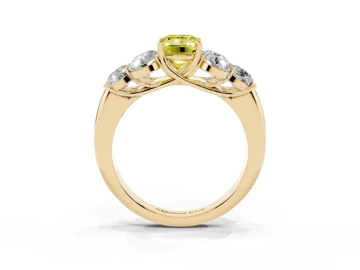 Fancy Yellow Emerald Cut Cut Diamond Cluster Ring with Round Accent Stones and Prong Setting on a Classic Band Yellow gold