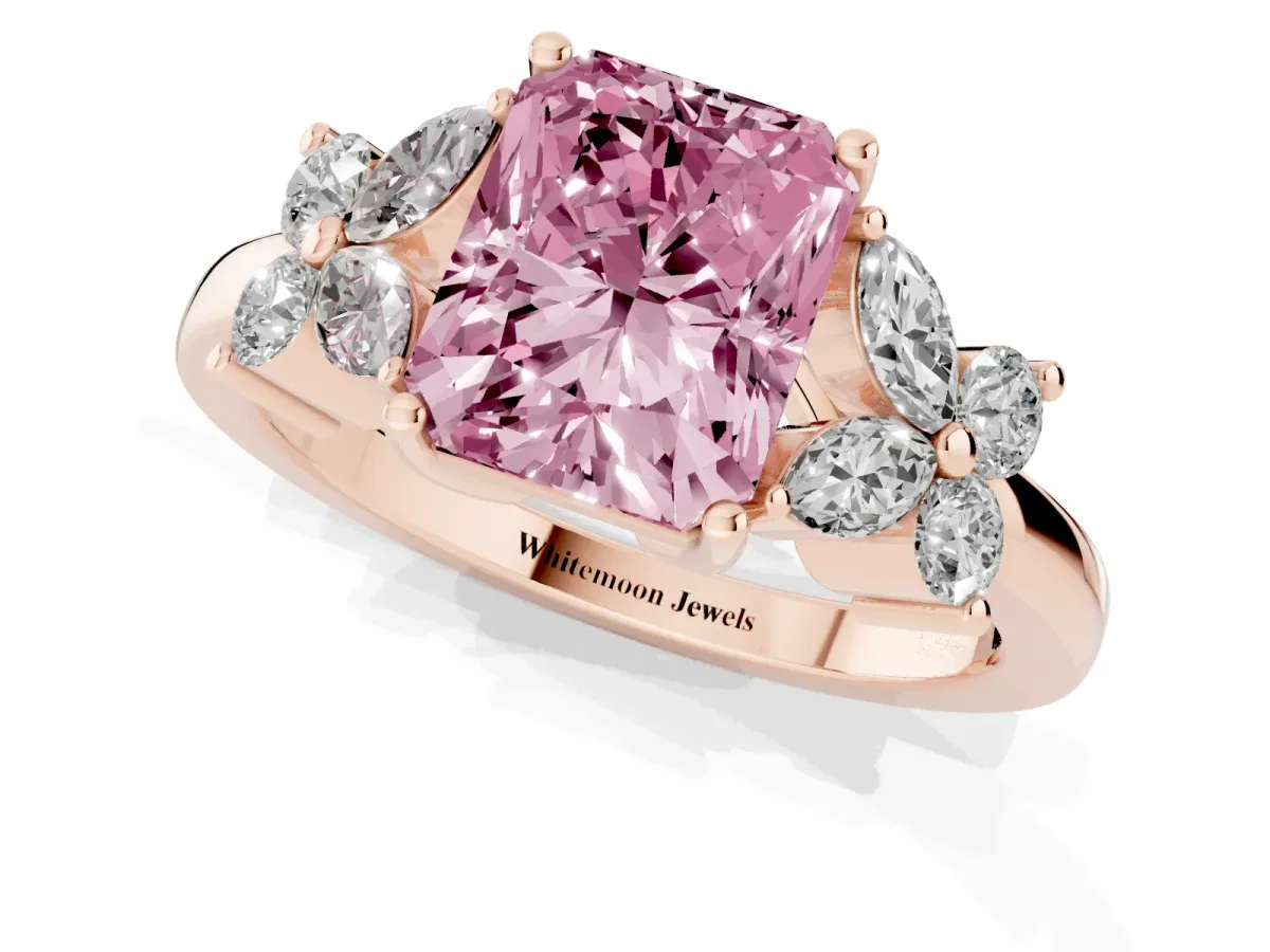 Fancy Pink Radiant Cut Diamond Floral Cluster Ring with Solitaire Band and Prong Setting Rose gold