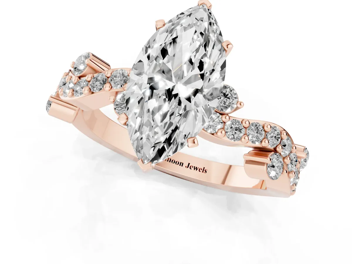 Marquise Cut Cut Solitaire Diamond Twisted Band with Pave Setting Rose gold