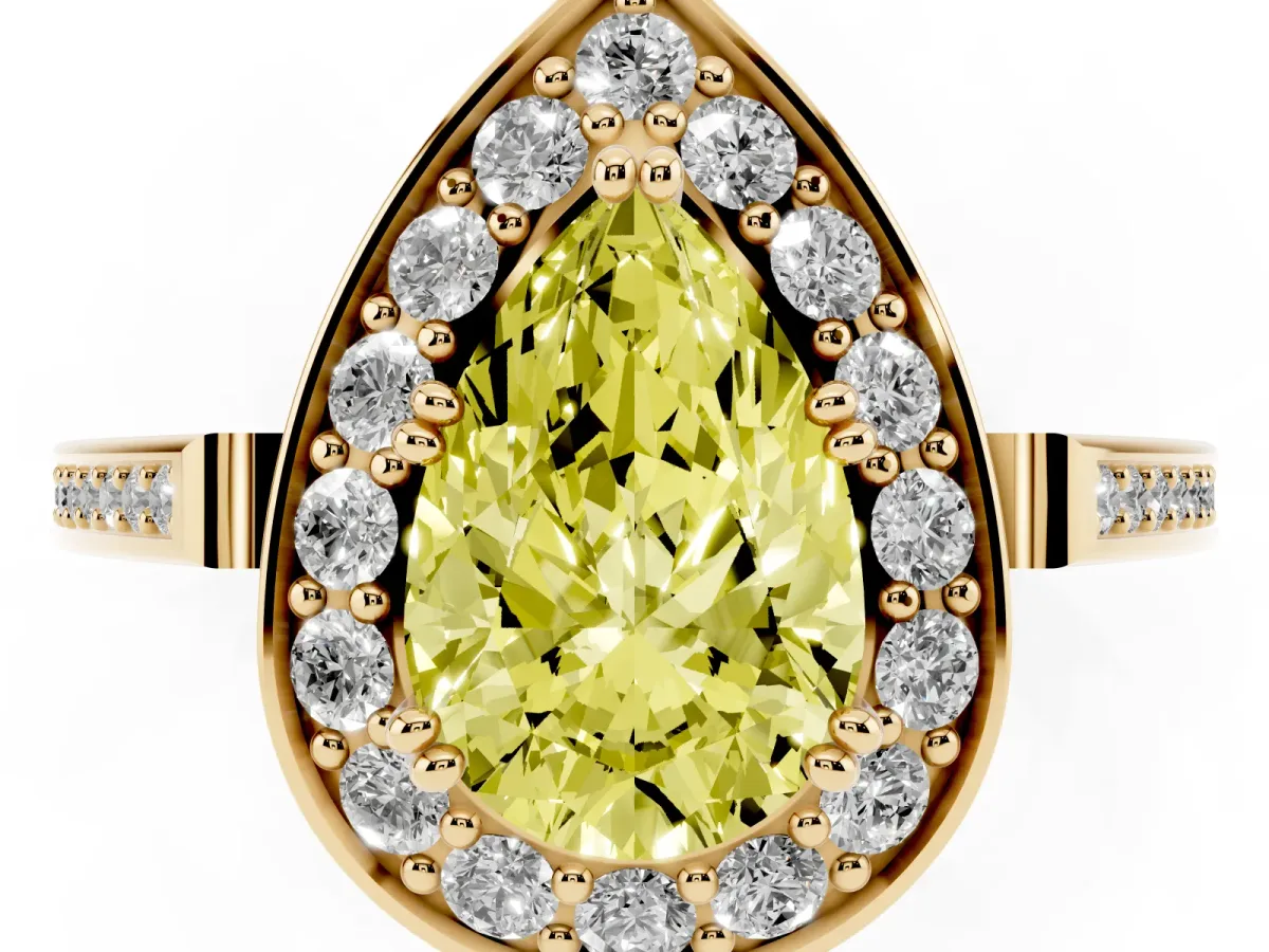 Fancy Yellow Pear Cut Diamond Halo Ring with Split Shank and Four-Prong Setting Yellow gold