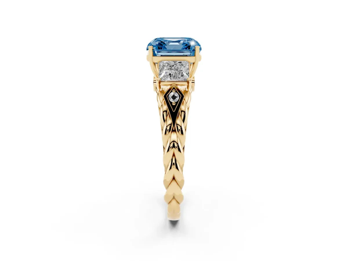 Fancy Blue Three-Stone Asscher Cut Diamond Braided Band Ring with Four-Prong Setting Yellow gold