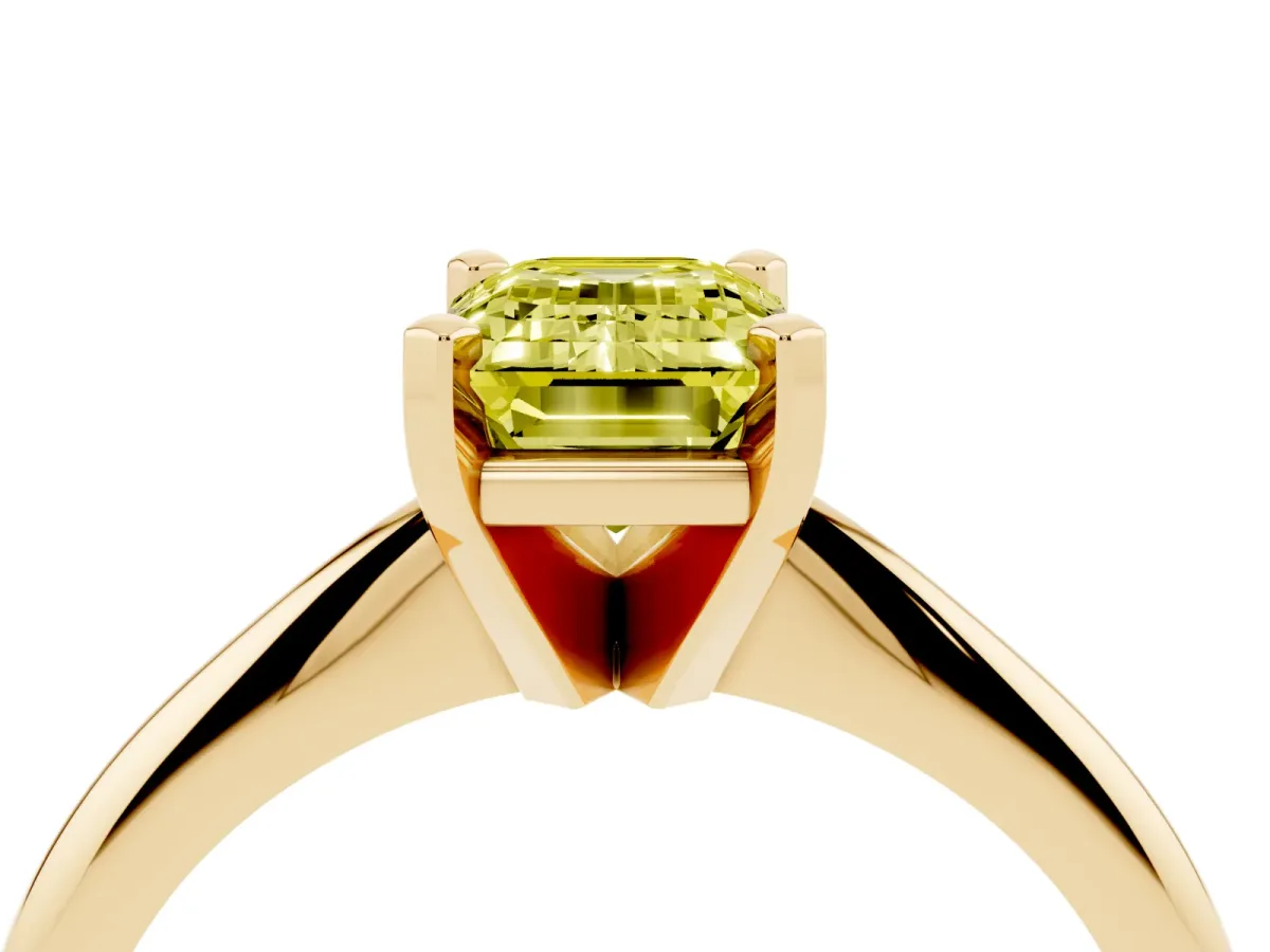 Fancy Yellow Emerald Cut Cut Solitaire Ring with Four-Prong Setting on a Classic Band Yellow gold