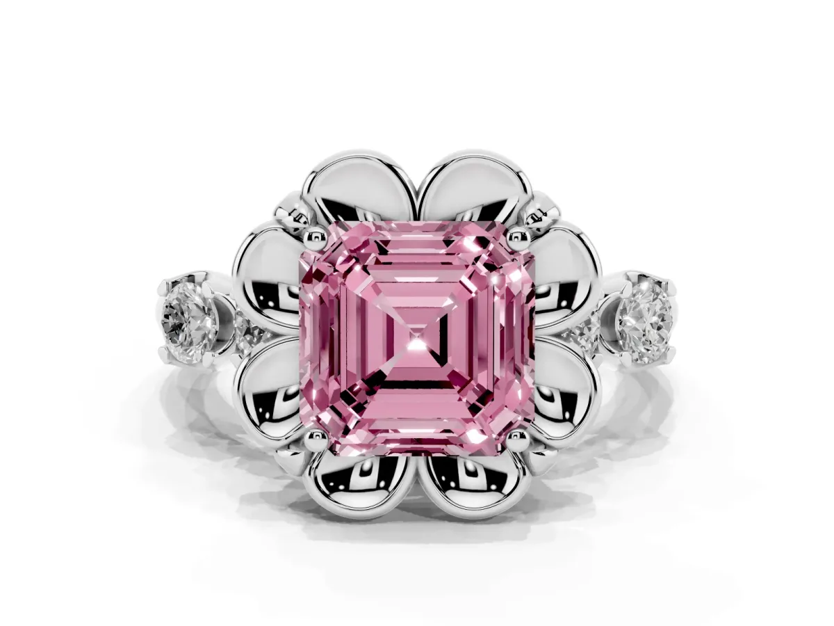 Fancy Pink Asscher Cut Cut Diamond Floral Halo Engagement Ring with Shared Prong Setting Silver