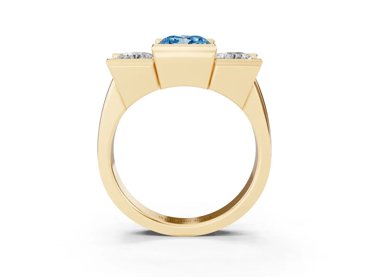 Fancy Blue Three Stone Cushion Cut Cut Channel Set Diamond Ring Yellow gold