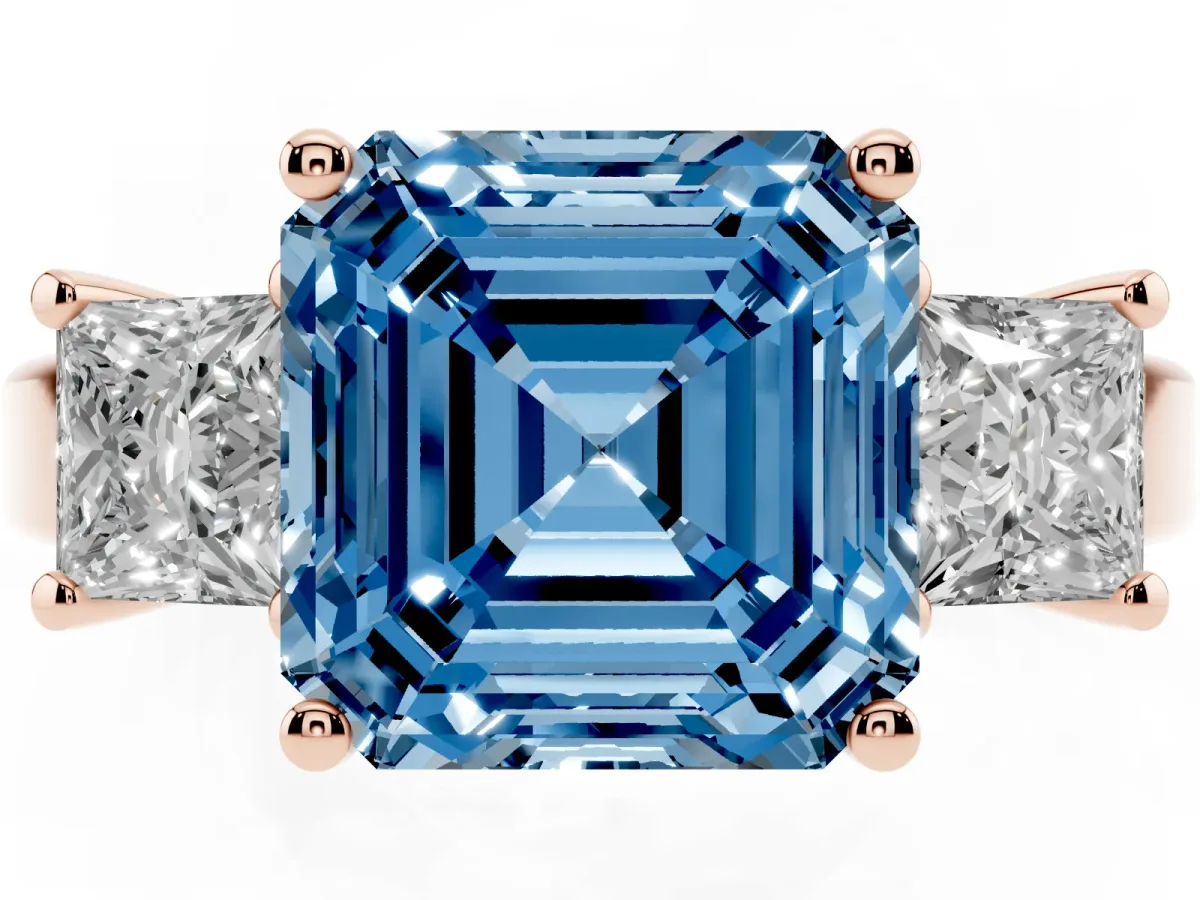 Fancy Blue Three-Stone Asscher Cut Cut Solitaire Ring with Prong Setting Rose gold
