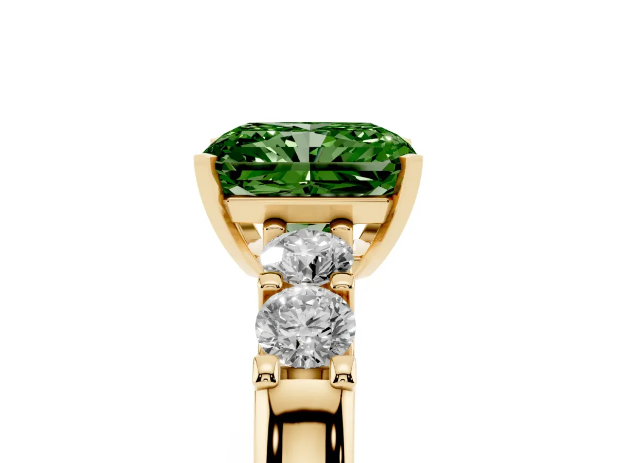 Fancy Green Radiant Cut Brilliant Cut Diamond Five-Stone Prong Set Engagement Ring with Channel Band Yellow gold