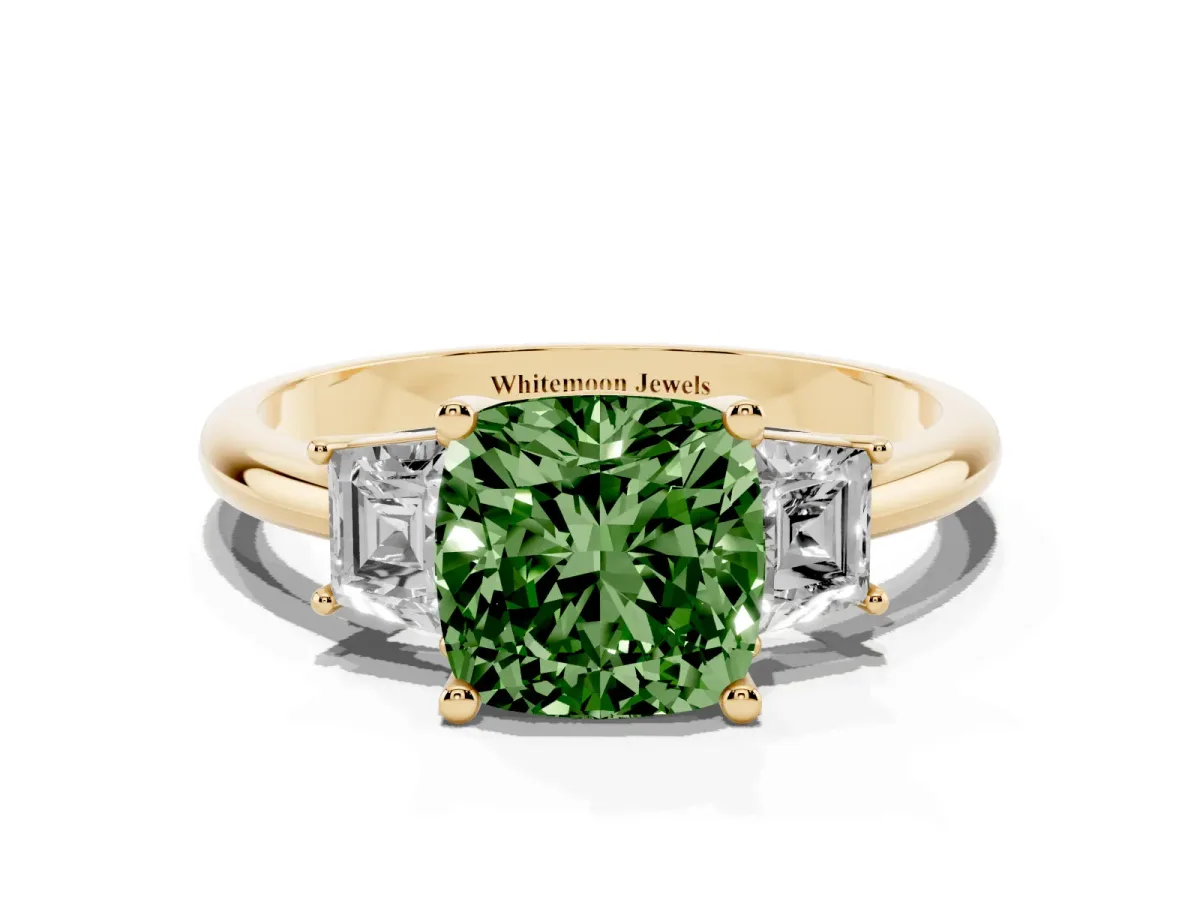 Fancy Green Cushion Cut Diamond Three-Stone Ring with Trapezoid Side Stones and Prong Setting Yellow gold