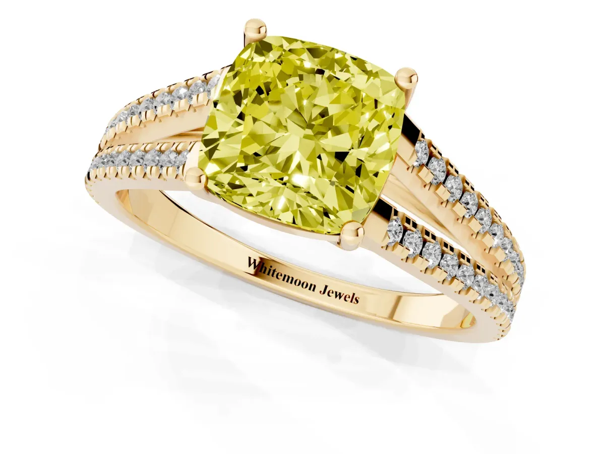 Fancy Yellow Cushion Cut Diamond Solitaire Engagement Ring with Split Shank Pavé Band Yellow gold