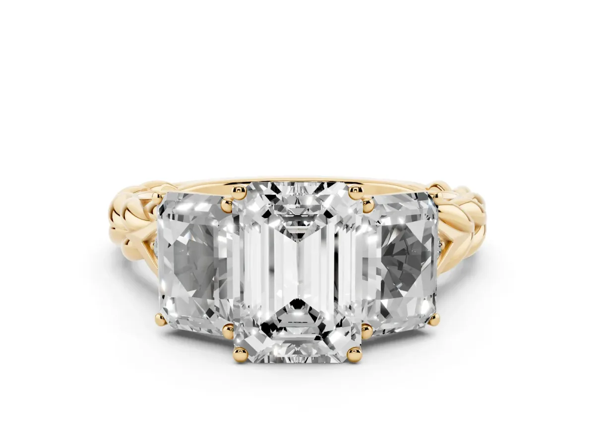 Three-Stone Radiant Cut Diamond Braided Band Ring with Four-Prong Setting Yellow gold