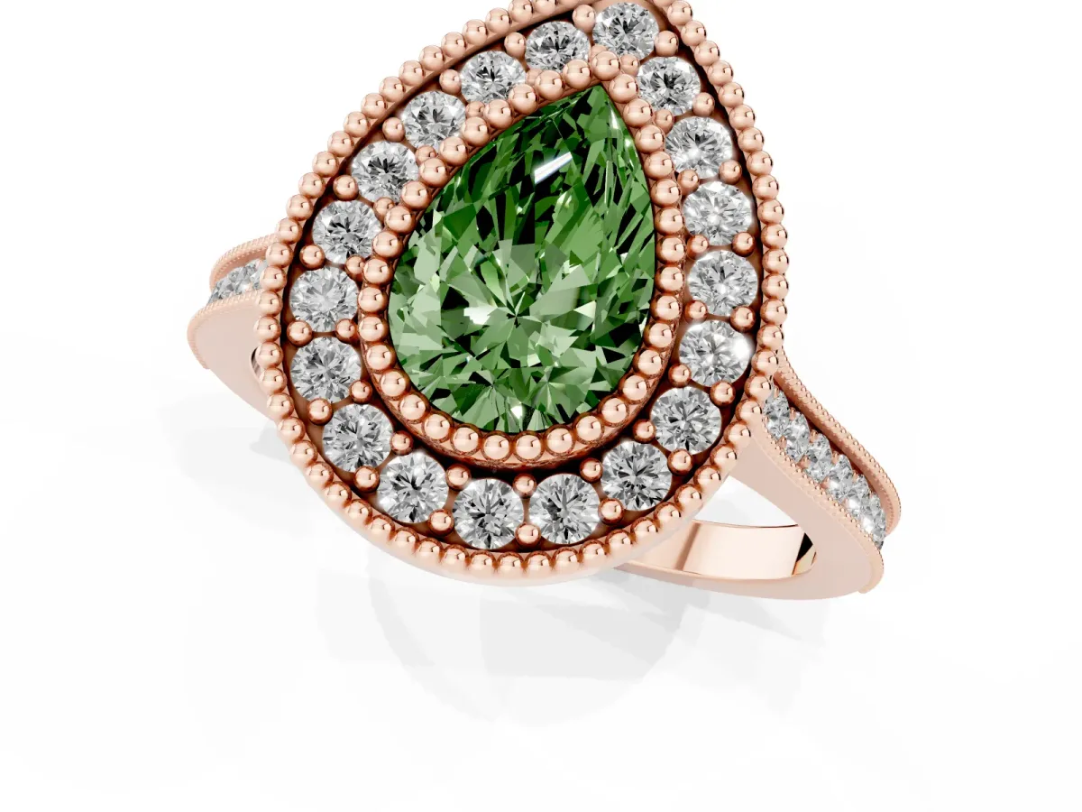 Fancy Green Pear Cut Diamond Halo Ring with Milgrain Frame and Pavé Band Rose gold