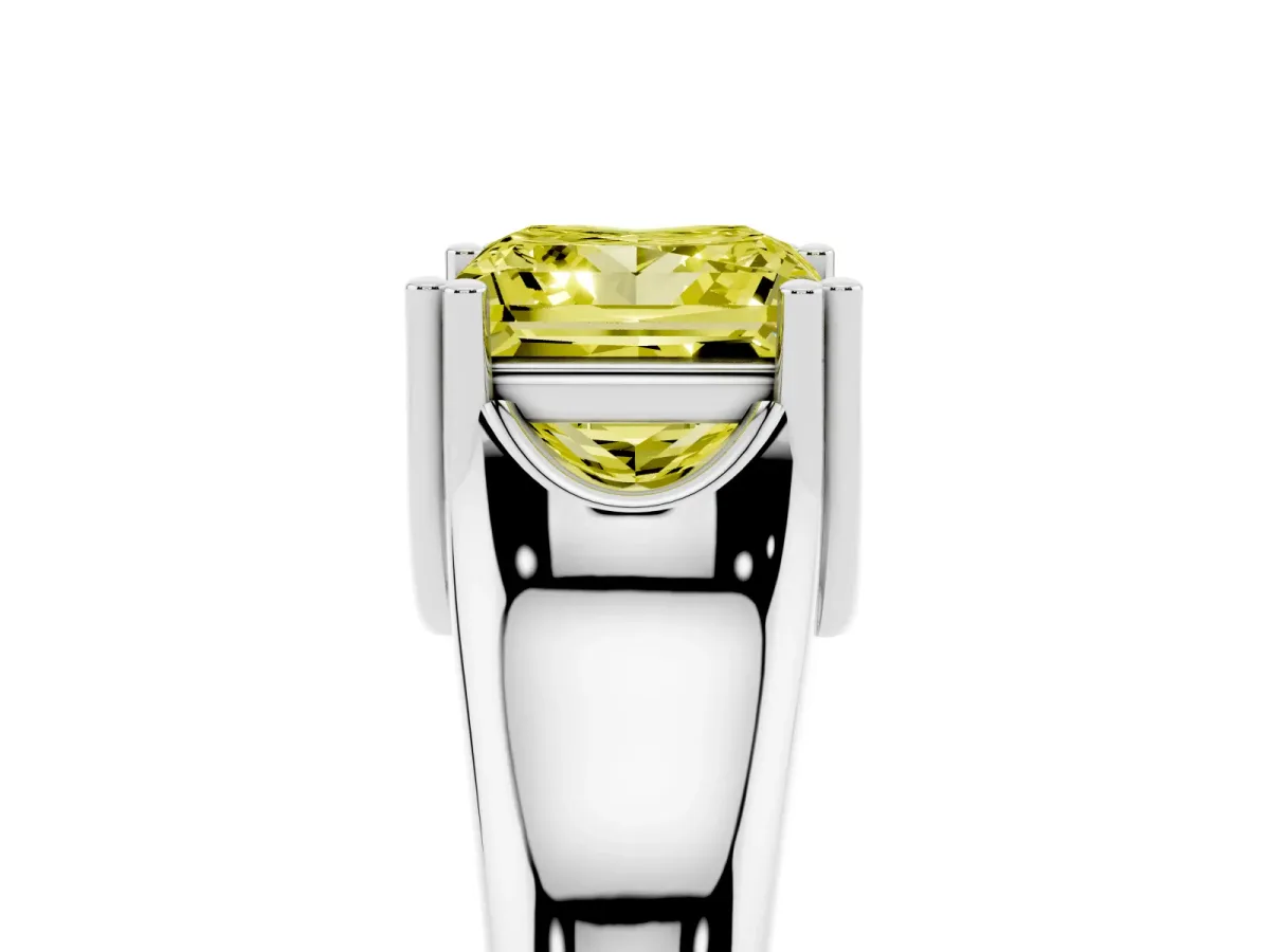 Fancy Yellow Princess Cut Diamond Solitaire Ring with Wide Band and Prong Setting Platinum