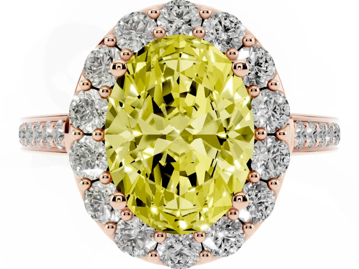 Fancy Yellow Oval Cut Diamond Floral Halo Ring with Pavé Band and Prong Setting Rose gold