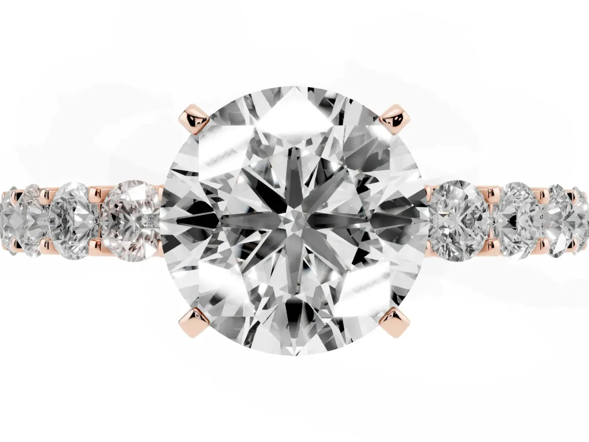 Round Cut Diamond Solitaire Ring with Shared Prong Pavé Band and Four-Prong Setting Rose gold