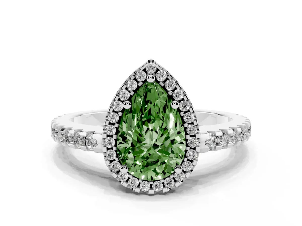 Fancy Green Pear Cut Diamond Halo Engagement Ring with Pavé Band and Prong Setting Silver