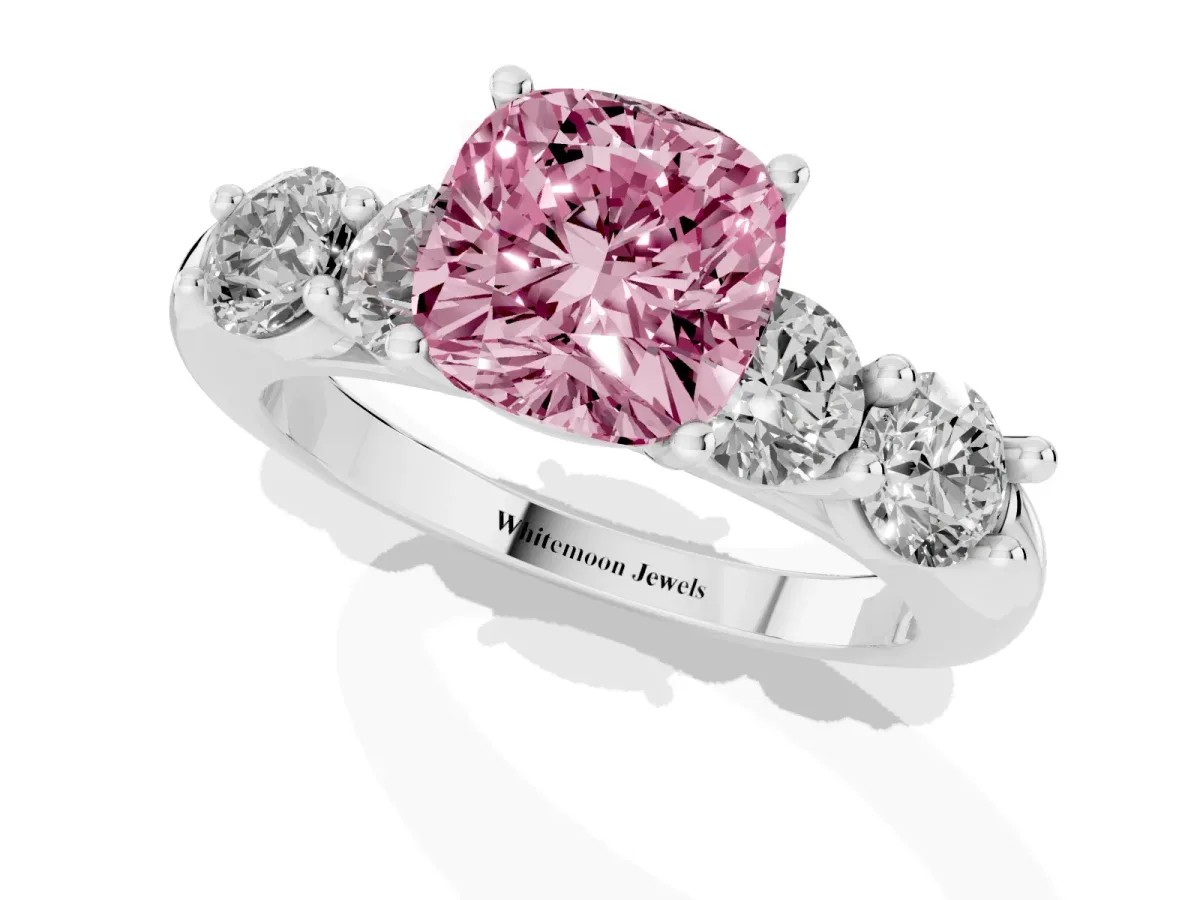 Fancy Pink Cushion Cut Cut Five-Stone Prong Set Diamond Ring with Classic Band Silver