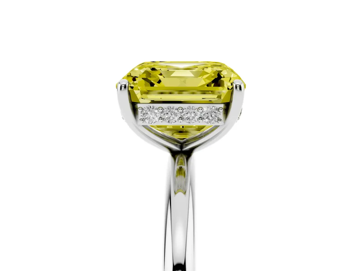 Fancy Yellow Asscher Cut Solitaire Diamond Ring with a Classic Band and Four-Prong Setting Silver