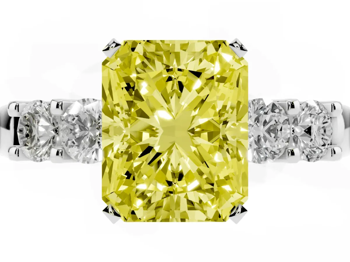 Fancy Yellow Radiant Cut Brilliant Cut Diamond Five-Stone Prong Set Engagement Ring with Channel Band White gold