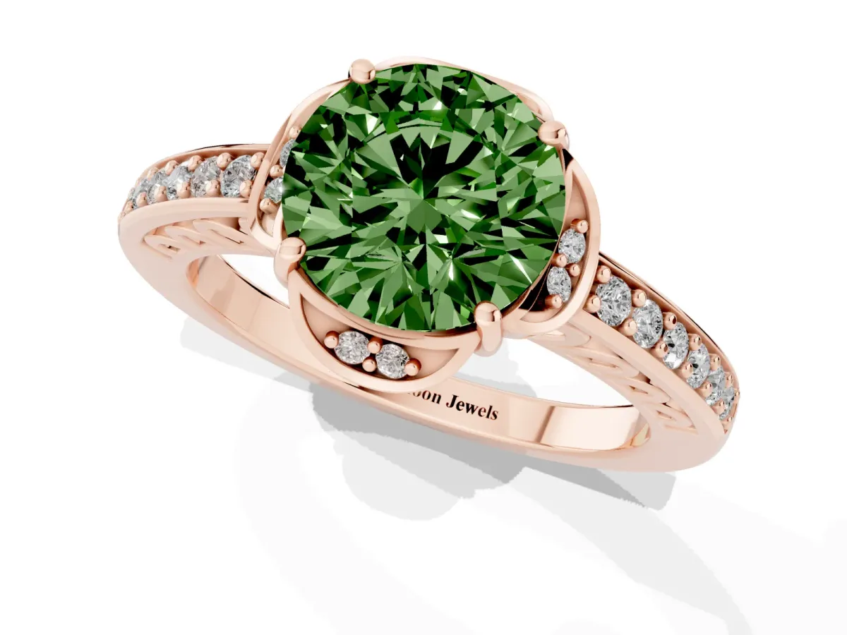 Fancy Green Round Cut Cut Halo Diamond Ring with Channel Set Band and Four-Prong Setting Rose gold