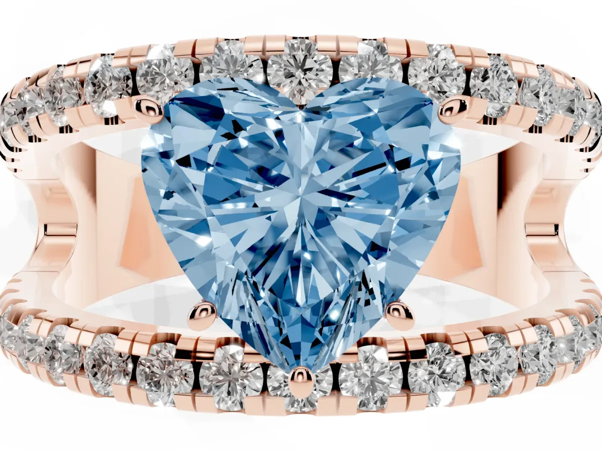 Fancy Blue Heart Cut Solitaire Split Shank Pave Diamond Ring Rose gold