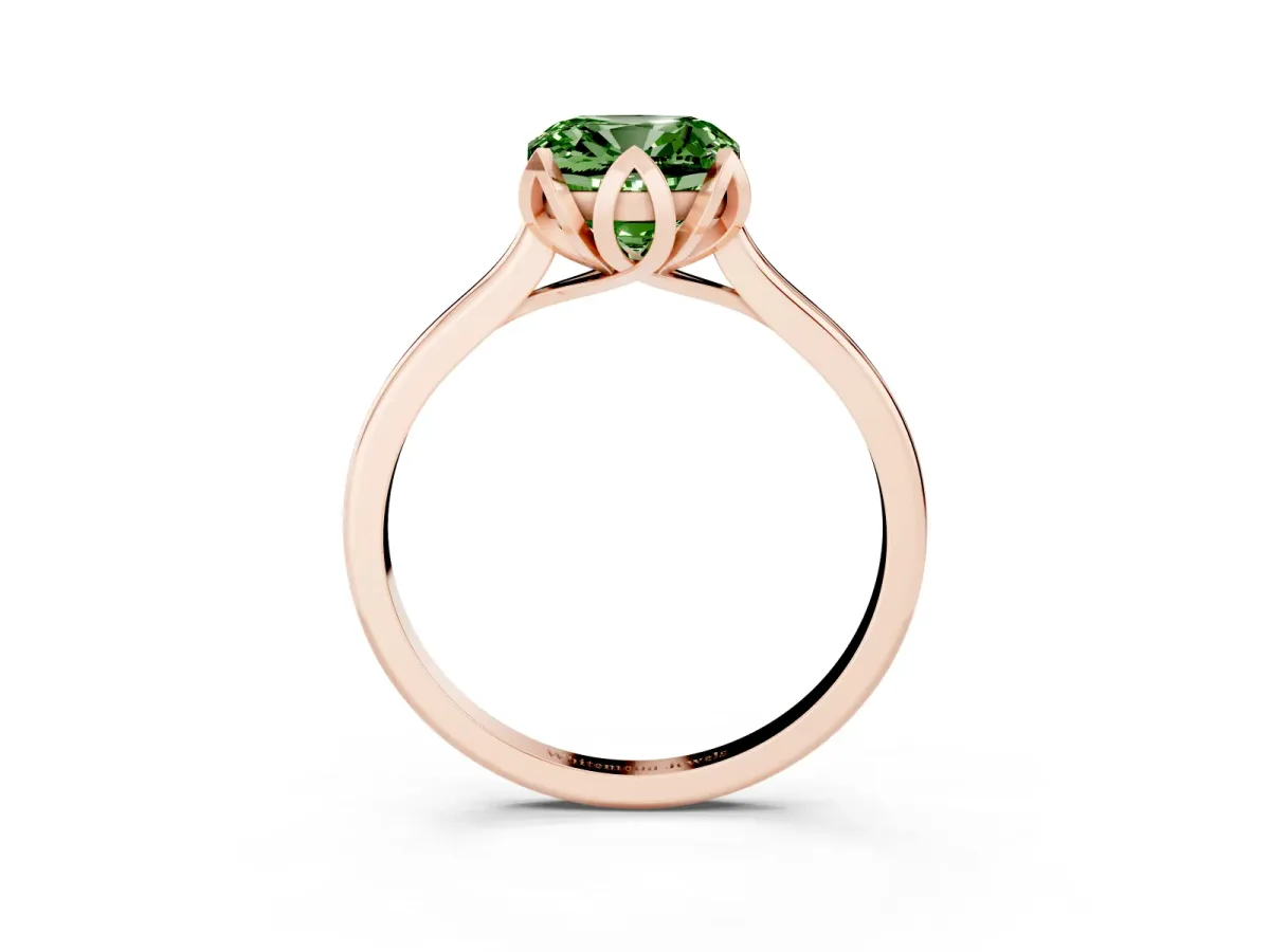 Fancy Green Cushion Cut Diamond Solitaire Ring with Flower Prong Setting and Classic Band Rose gold
