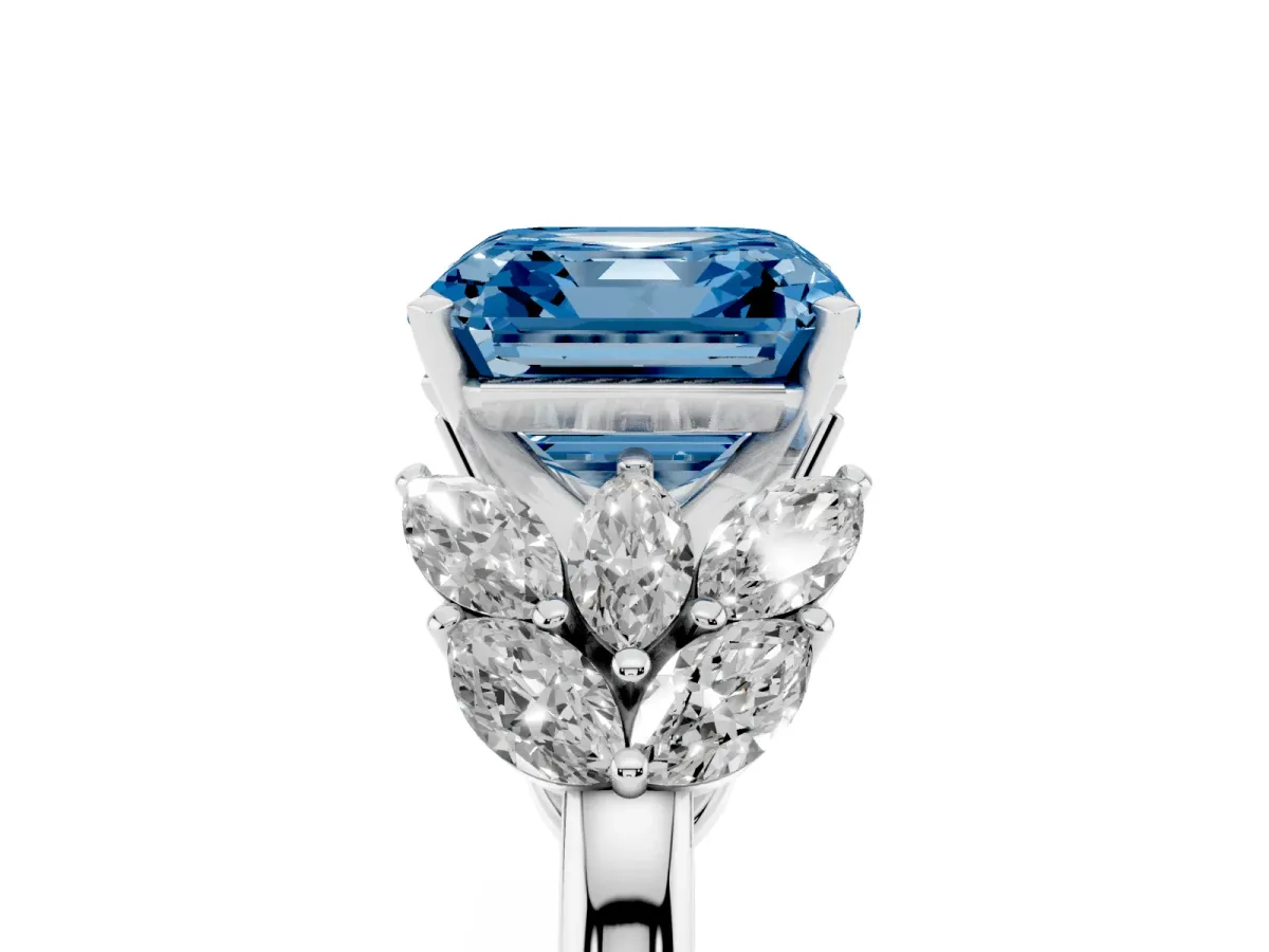 Fancy Blue Asscher Cut Diamond Cluster Leaf Design Ring with Prong Setting Silver