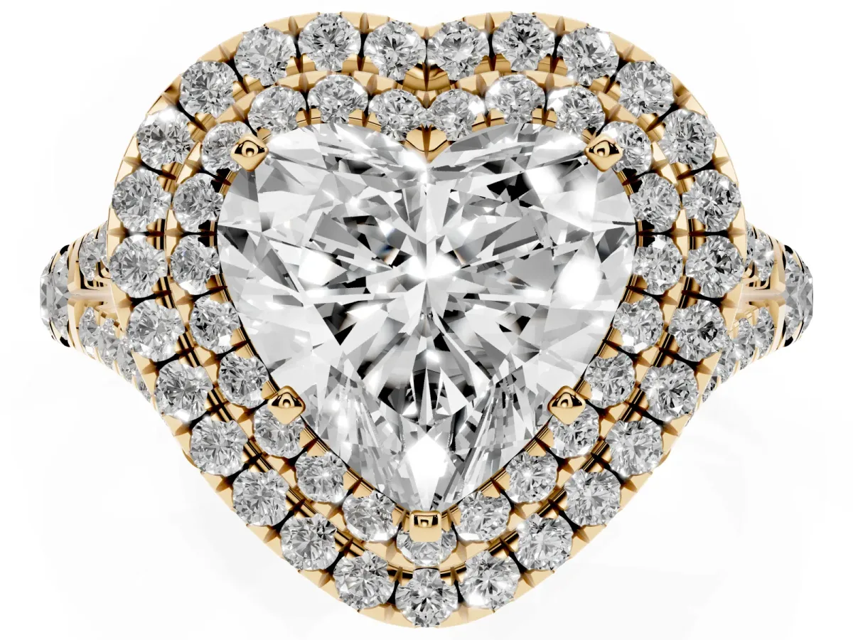 Double Halo Heart Cut Diamond Split Shank Engagement Ring with Four-Prong Setting Yellow gold