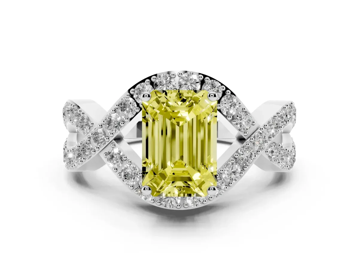 Fancy Yellow Emerald Cut Solitaire Twist Band Pavé Diamond Engagement Ring Silver